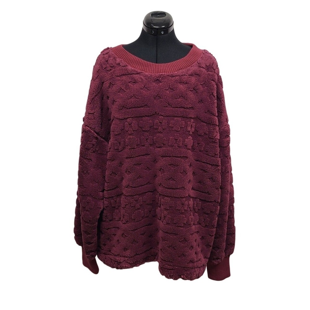 Free People Movement Floral Faux Fur Pullover Berry Red L NEW